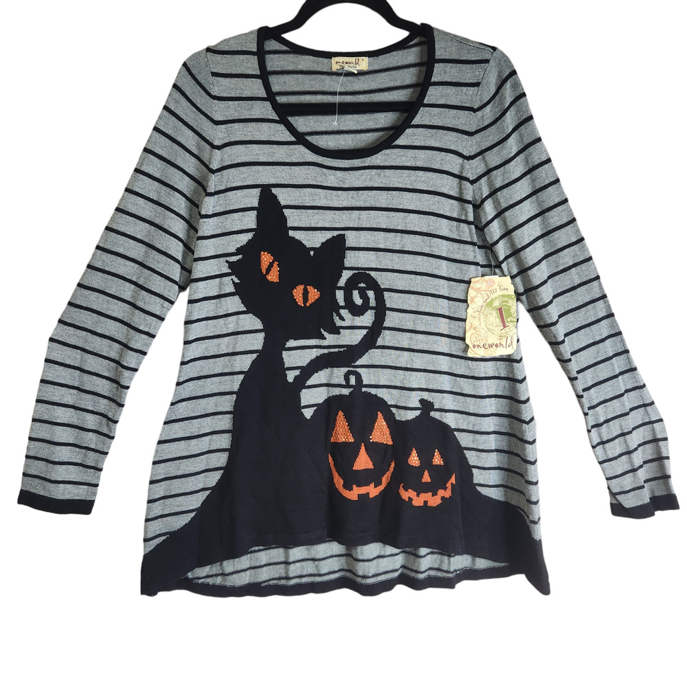 One World Womens Top Blouse SZ Small Gray Black Halloween Cat Jack O Lantern NWT